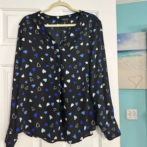 Rachel Zoe Black Blouse with Blue and White Hearts